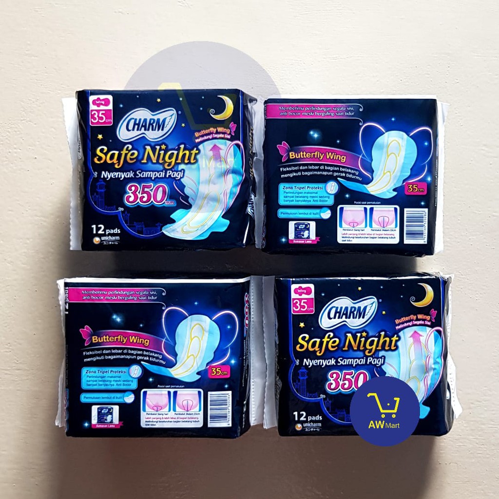 Charm Pembalut 35cm Safe Night 12 pads - SEMUA ADA SAYAPNYA - ANTI BOCOR SAMPING