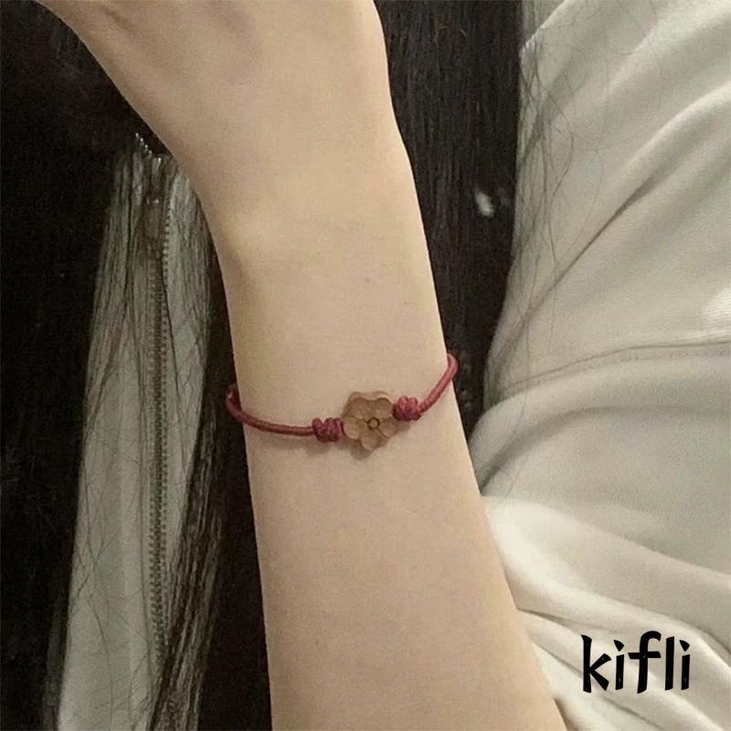 Gelang Tali Merah Tenunan Tangan Desain Ukiran Kayu Peach Plum Blossom Untuk Hadiah Pacar Perempuan