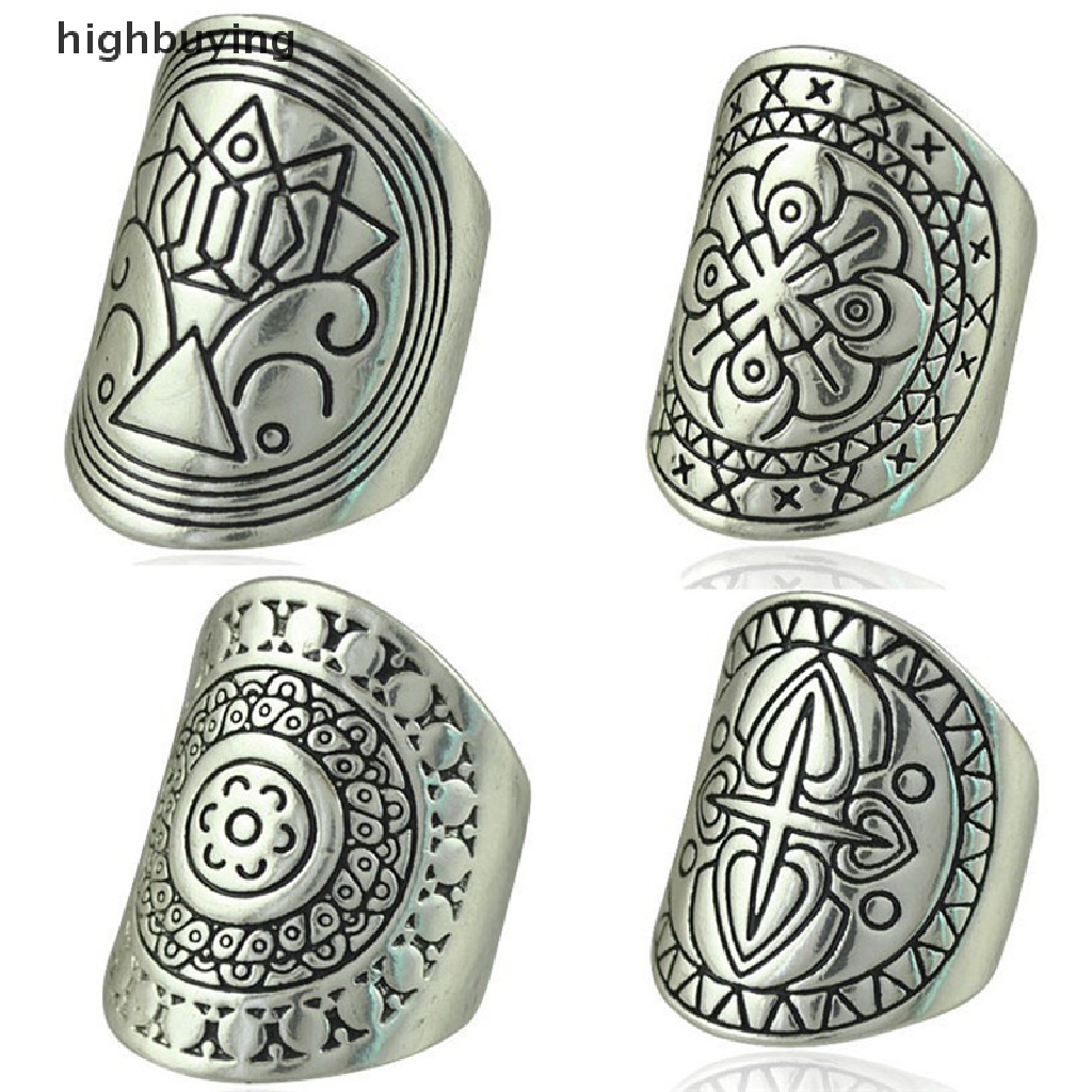 Hbid 4PCS / Set Cincin Knuckle Silver Gaya Boho Vintage Tibet Desain Ukiran Untuk Wanita