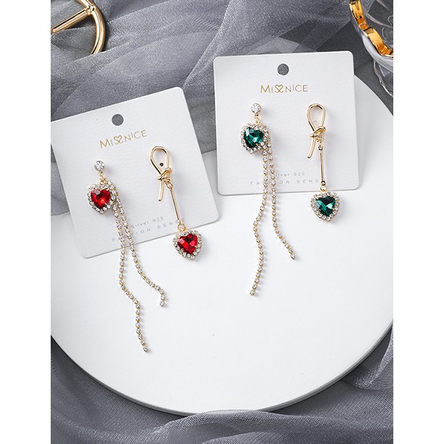 LRC Anting Tusuk Fashion Red 925 Silver Studded Rhinestone Asymmetric Tassel Earrings D49916