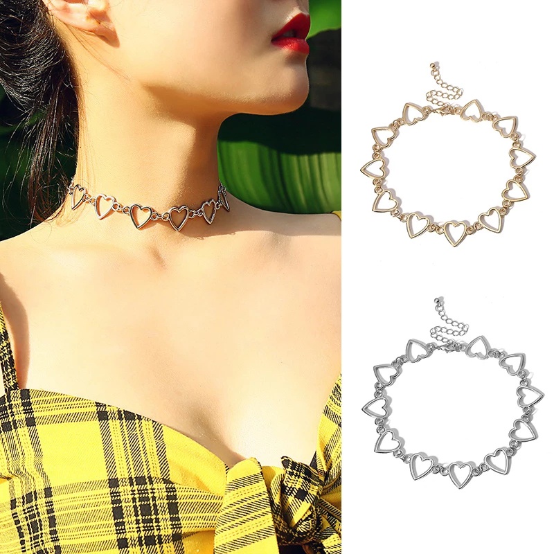 Kalung Rantai Choker Liontin Hati Hollow Bahan Alloy Untuk Wanita