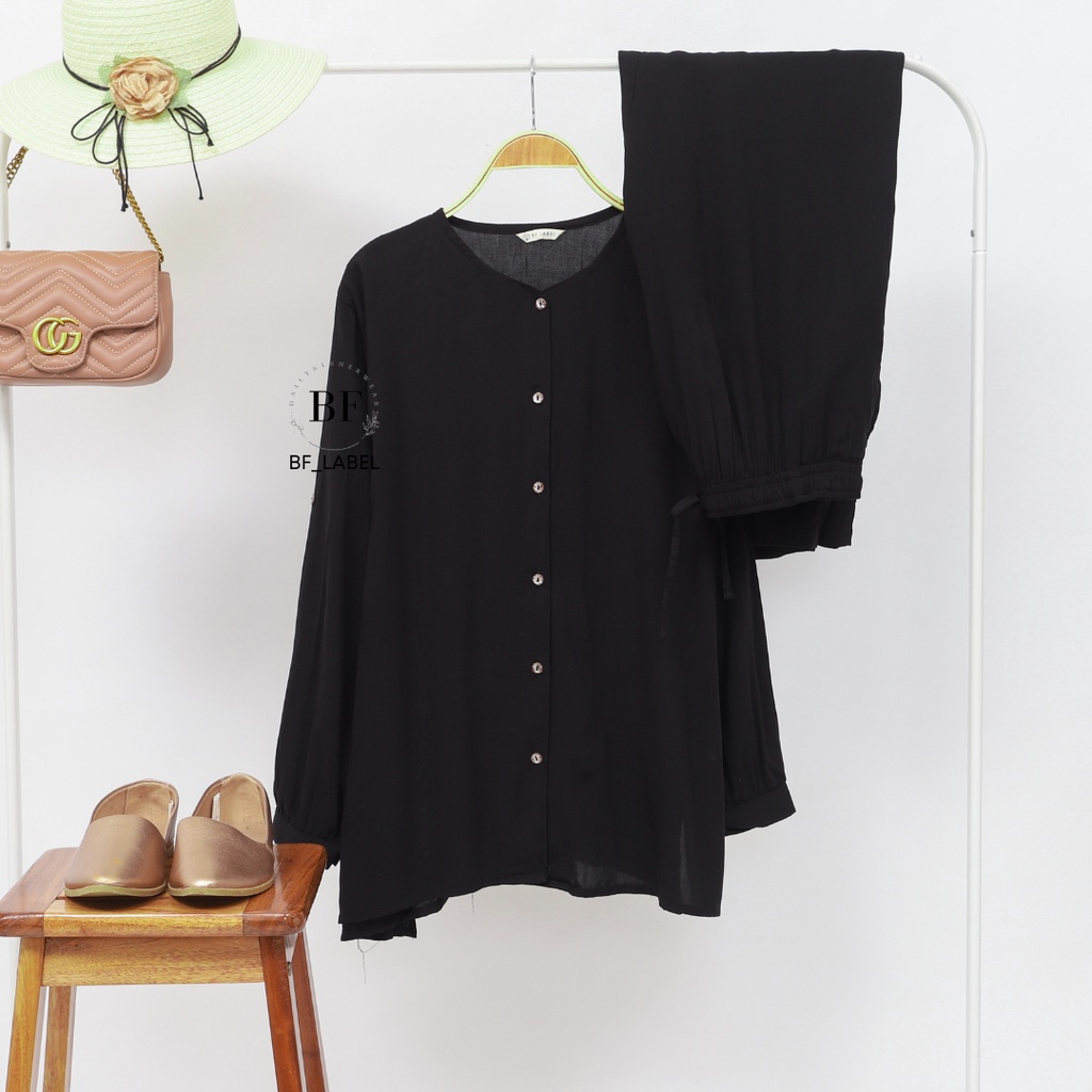 NARA SET | One set rayon polos basic celana panjang kemeja panjang sleepwear piyama by @bf_label BF Label-Black