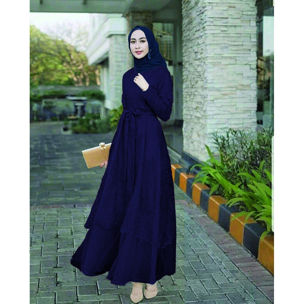 7 WARNA ADA JUMBO & BUSUI Dress Exclusive Brukat Tille Kayla Maxi Dress Aurel Premium Gamis Syari Lebaran Terbaru-NAVY