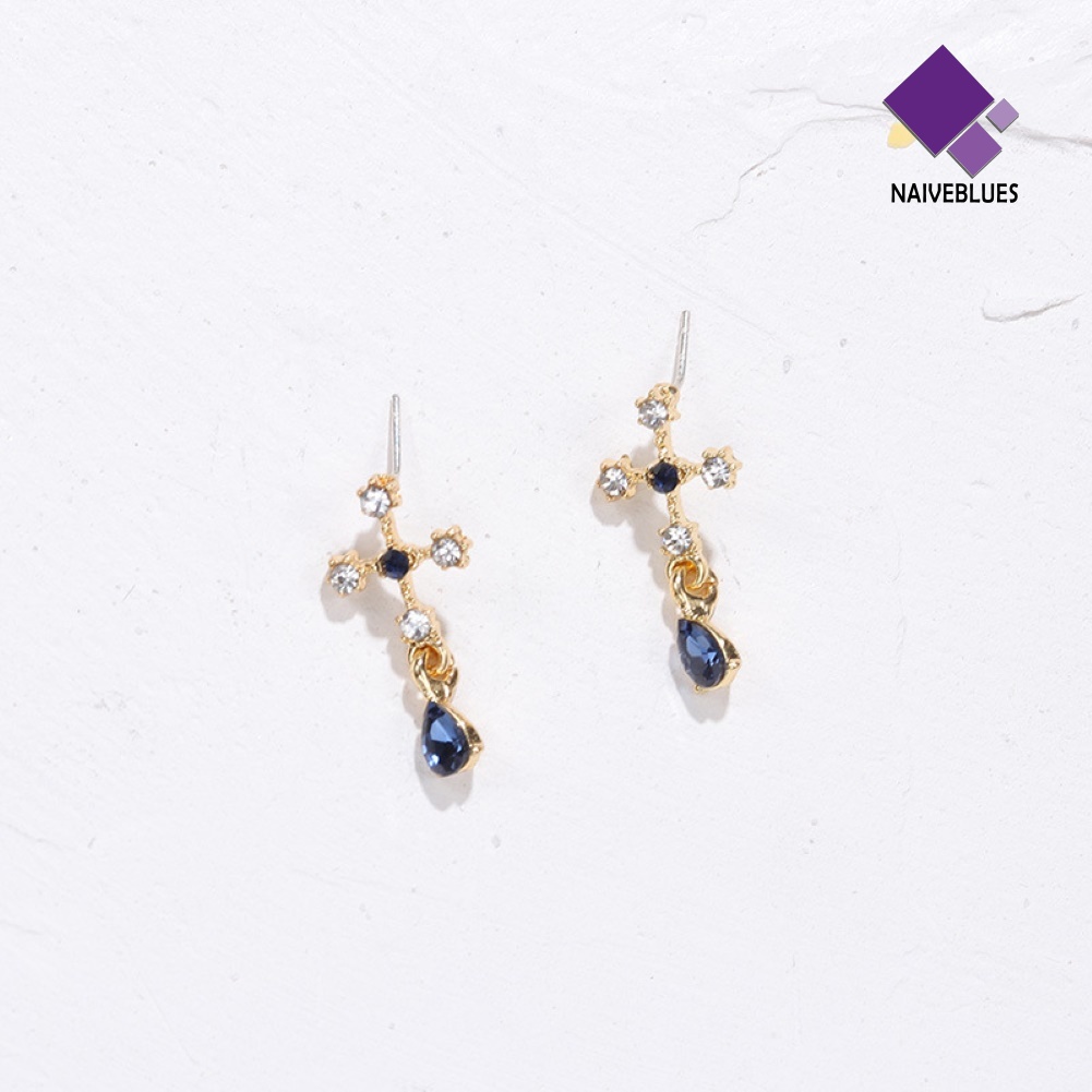 Anting Stud Sapphire Berlian Imitasi Bentuk Salib Untuk Wanita