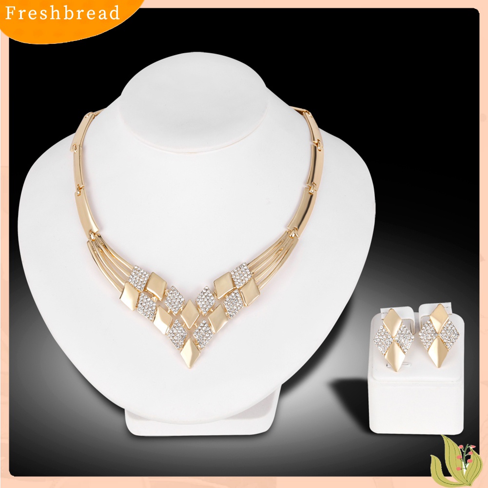 Terlaris Women KC Gold Plated Rhombus Shape Necklace Earrings Rhinestones Jewelry Set