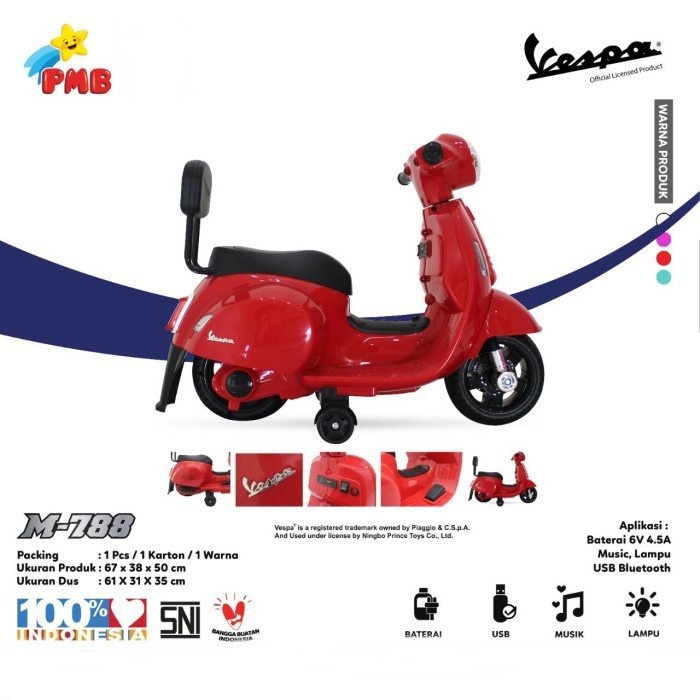 Motor Aki Mainan Anak PMB TOYS M788 VESPA 6V 7Ah Garansi Original SNI-3