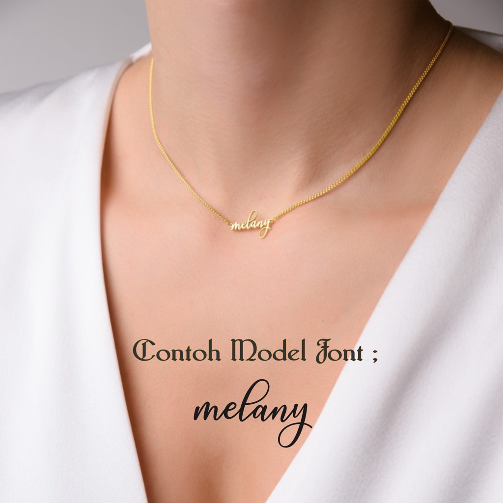 Model Melany | Kalung Titanium Wanita Liontin Ukir Nama Lapis Emas Anti Karat ( Personalized Name Necklace Custome &amp; plated Gold )