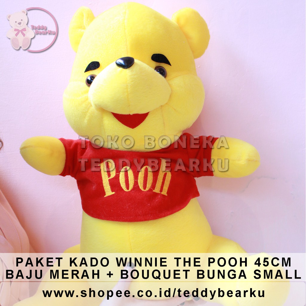 PAKET KADO WINNIE THE POOH BAJU MERAH 45CM + BUNGA + KADO