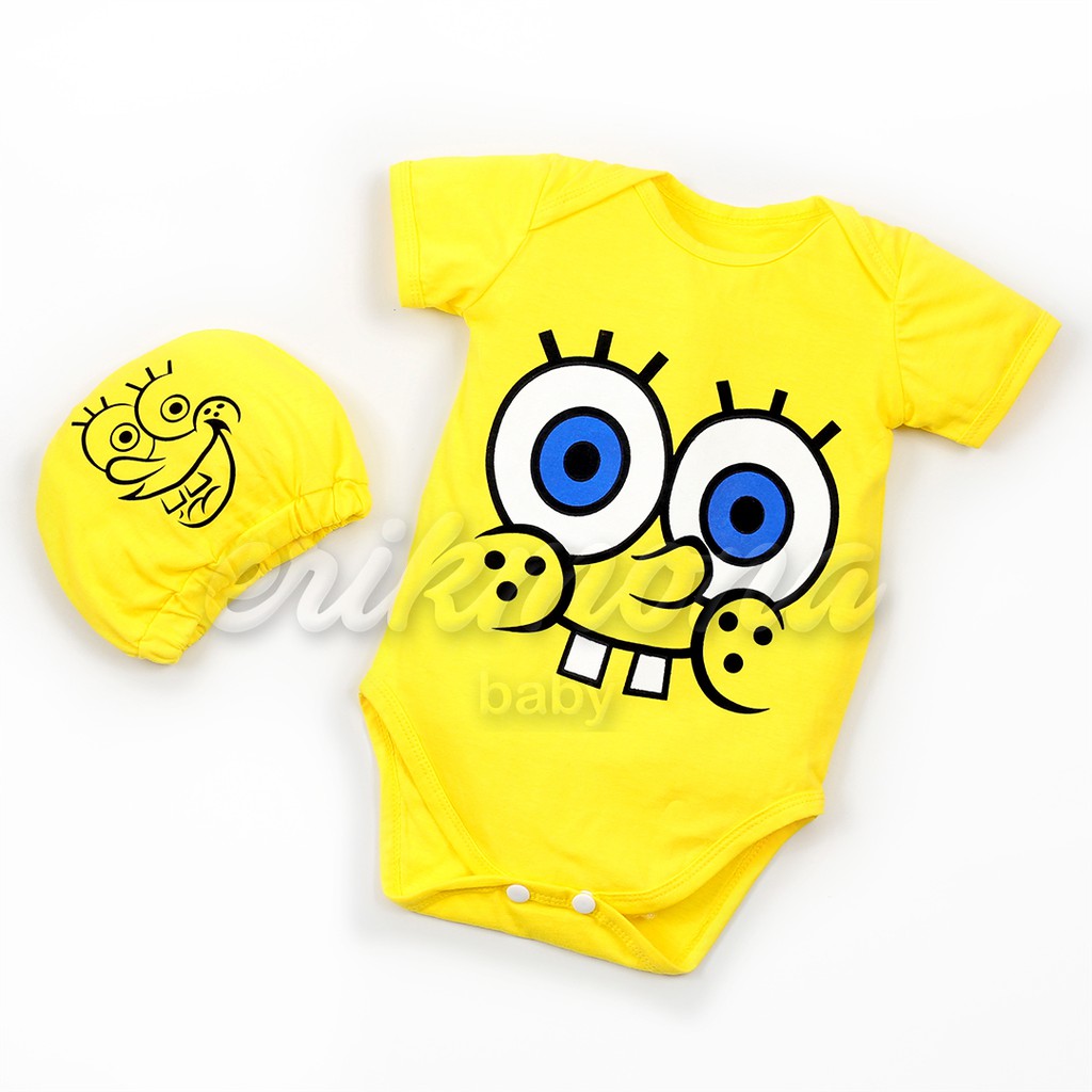 Ermon Baby - Baju Bayi Laki Laki Jumper Baby Lucu Karakter Spongebob + Topi usia 0 - 12 Bulan
