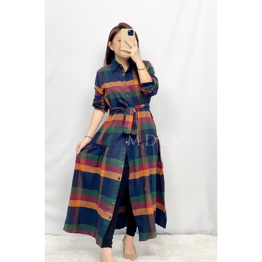 MDLV ~ 04430# Emma Plaid Shirt Dress Kotak Dress Maxi Fashion Import