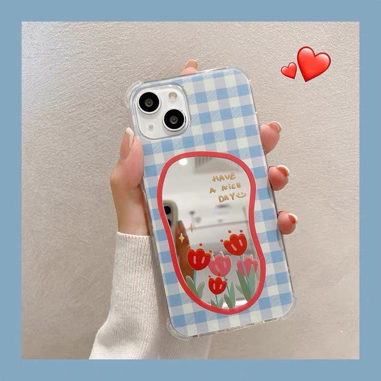 [TPC] Mirror Phone Case BLUE FLOWER FULL COVER IPHONE 6 6S 7 8 PLUS X XS MAX XR 11 12 13 PRO MAX Casing Cermin HP IP027