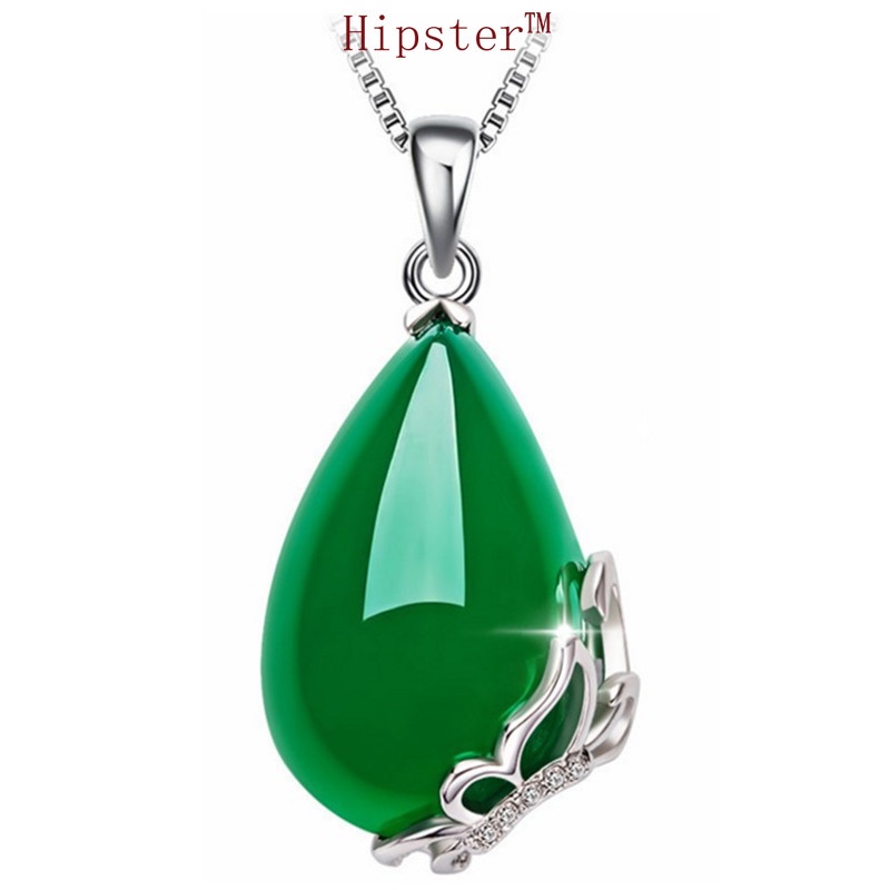 Vintage Ethnic Style Colored Gems Carved Emerald Gem Pendant Silver Clavicle Chain