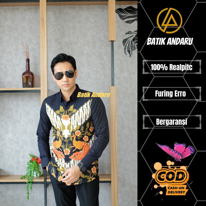 Batik Pria Slimfit Lengan Panjang Modern Heem Premium Bahan Katun Primisima Solo Warna Hitam Motif Bunga