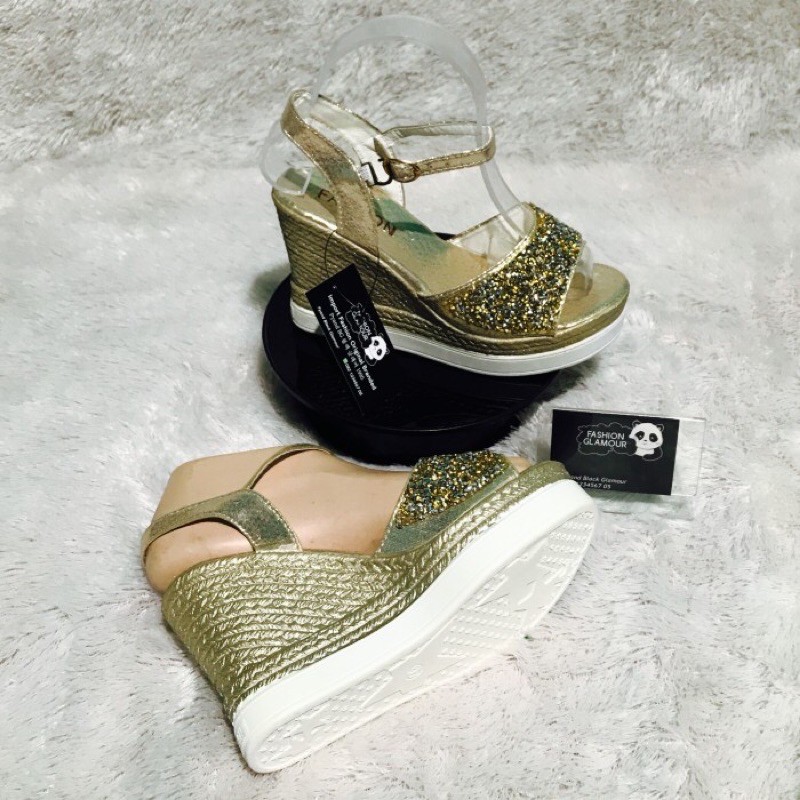 WG01 SEPATU SANDAL WEDGES RINGAN IMPORT WANITA KOREA PESTA PARTY ORIGINAL AKSEN GLITTER