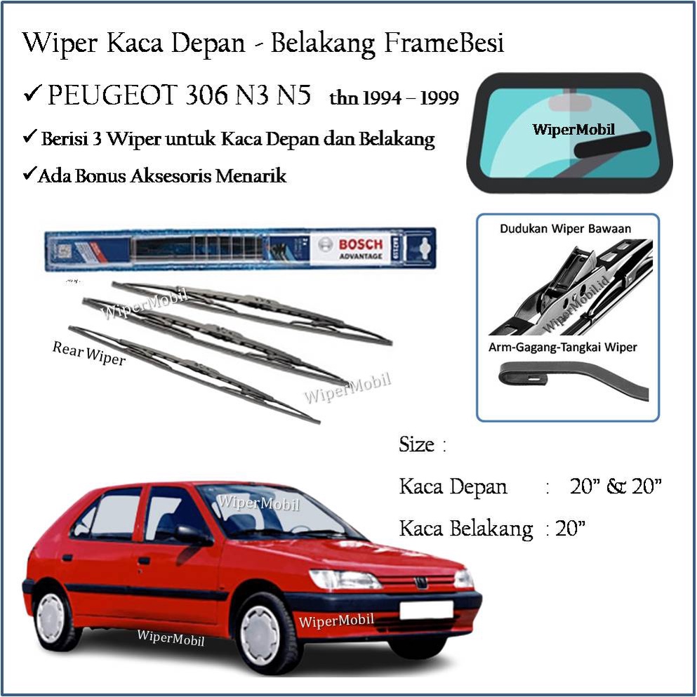 Wiper Kaca Depan Belakang Peugeot 306 N3 N5 1994 1995 1996 1997 1998 1999 Merk Bosch Ori