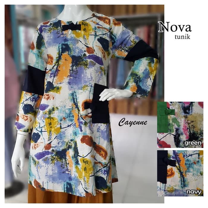 Tunik Linen Motif / Atasan Wanita Muslim Lengan Panjang Nova by Cayenne