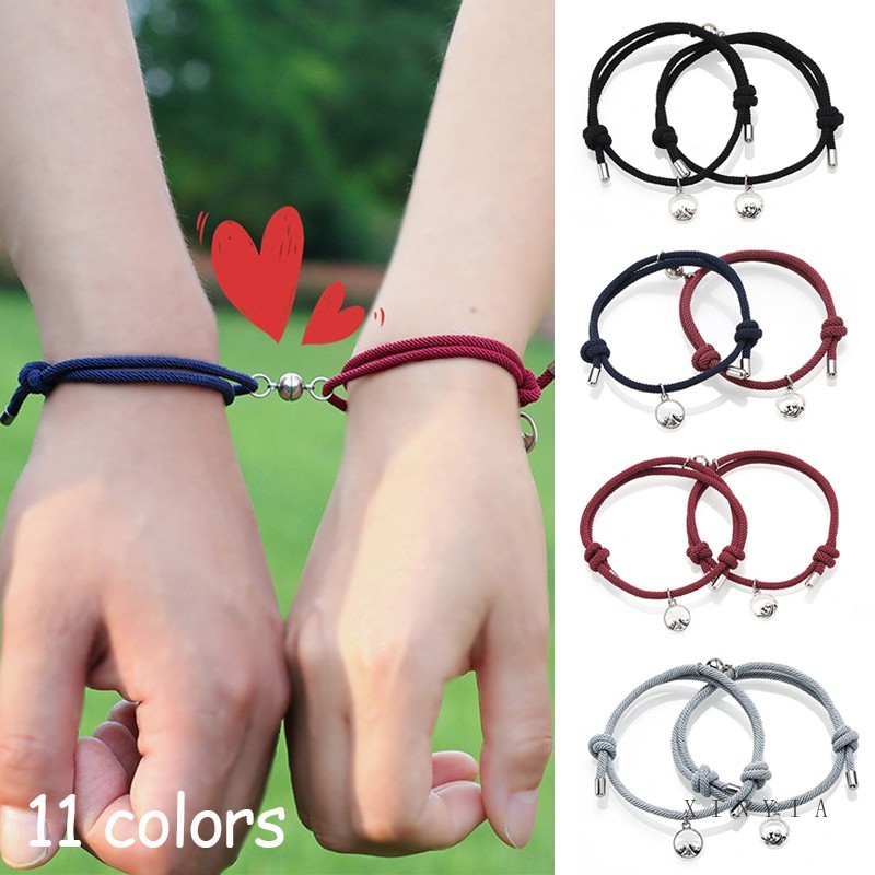 2 Pcs Gelang Magnet Couple Gelang hitam etnik bead Tali Attract Braided Bracelet/Friendship Rope Chinese Idioms Wrist Chain Jewelry Staunch Lover/Adjustable Braid Rope Bracelet