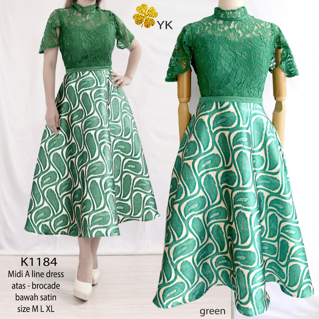 YKdress 1184 midi Aline dress pesta natal bride weddin party merah hijau peach import premium gaun