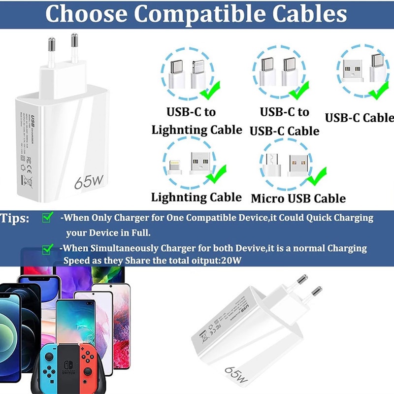 Adapter Charger USB Tipe C 65W Fast Charging Plug EU / US Untuk Handphone / Laptop