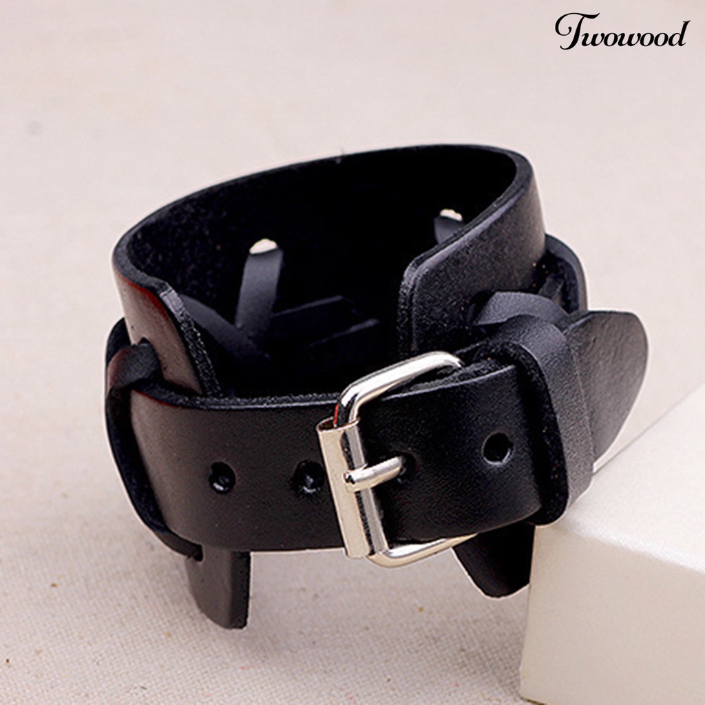 Gelang Bahan Kulit Imitasi Dengan Buckle Metal Adjustable Gaya Punk Rock Untuk Pria