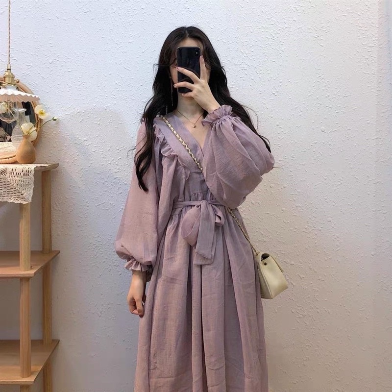 【Bisa COD】Dress Midi Ungu V Neck DressVintage M50