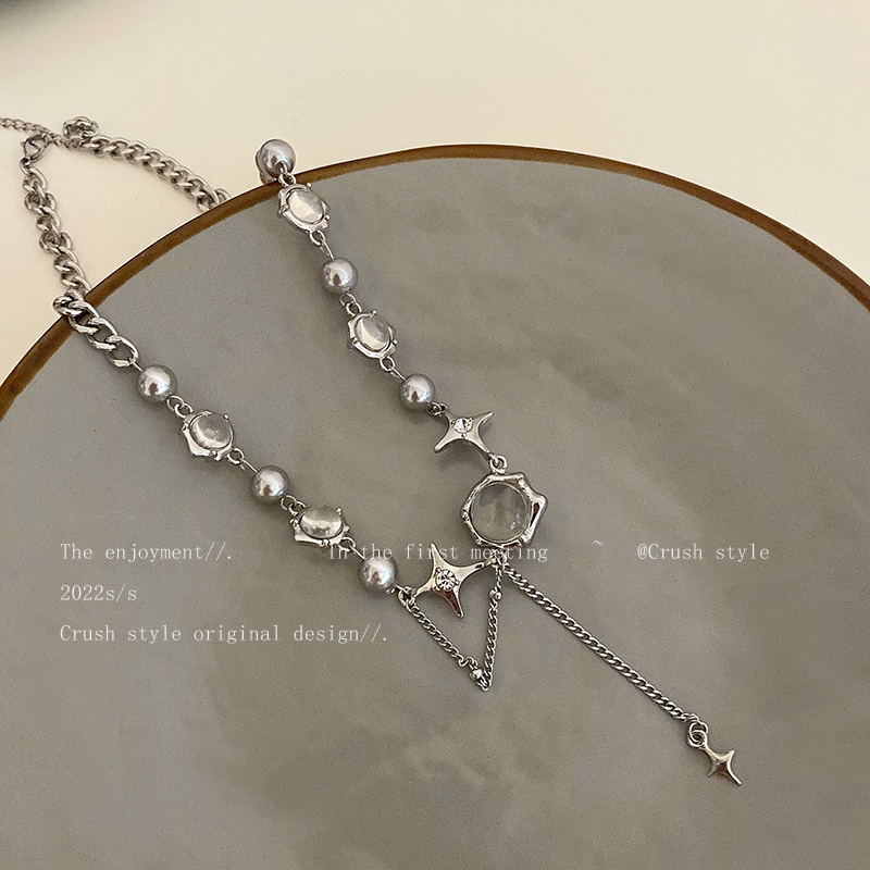 Kalung Choker Rantai Klavikula Hias Liontin Bintang 4 Sudut Bahan Zirkon Warna Silver Untuk Wanita