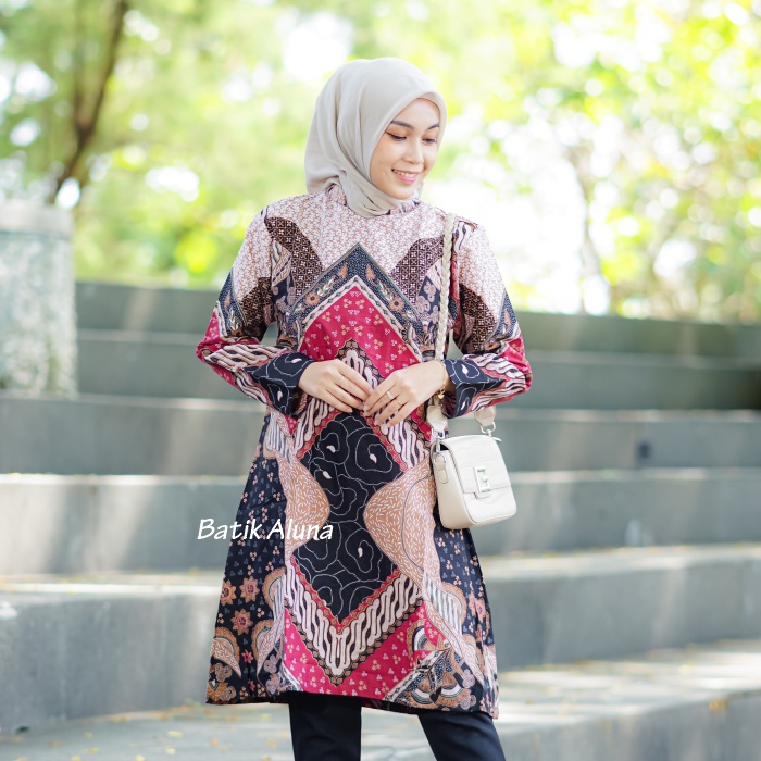 Baju Batik Wanita Lengan Panjang Modern Tunik Premium Bahan Katun Terbaru Kekinian Blouse Batik Modern Wanita Jumbo Atasan Batik Wanita Kantor Batik Cewek Modern Couple FASHION BATIK ALUNA