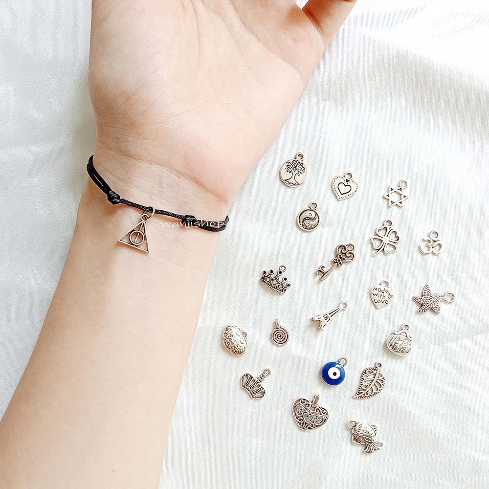 Gelang Polos + Charm Satin 1 mm Deathly Hallows Yinyang Clover Eiffel Kunci