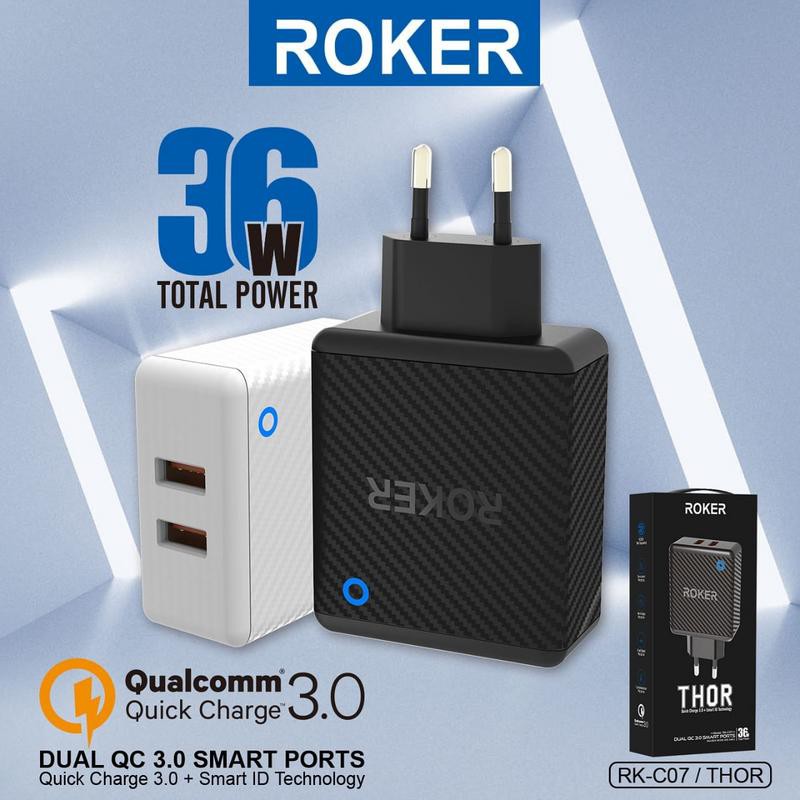 CHARGER KABEL DATA - BATOK Fast Charger Roker Thor RK-C07 Dual QC 3.0 36W 100%