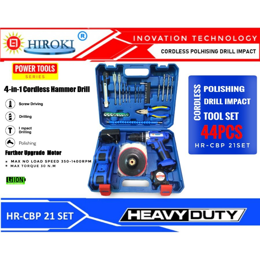 HIROKI MESIN BOR CORDLESS BATERAI SCREWDRIVER POLISHER 21 V OBENG ROOFING KAYU BAJA RINGAN POLES