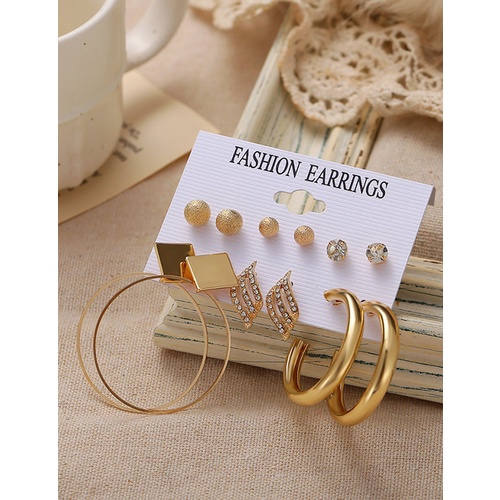 LRC Perhiasan Set Fashion Golden Round Beads Diamonds And Geometric Stud K80249