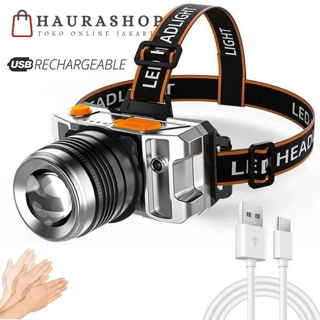 HEADLAMP SENTER KEPALA LED 50W SENSOR GERAK ZOOM PUTAR USB RECHARGEABLE