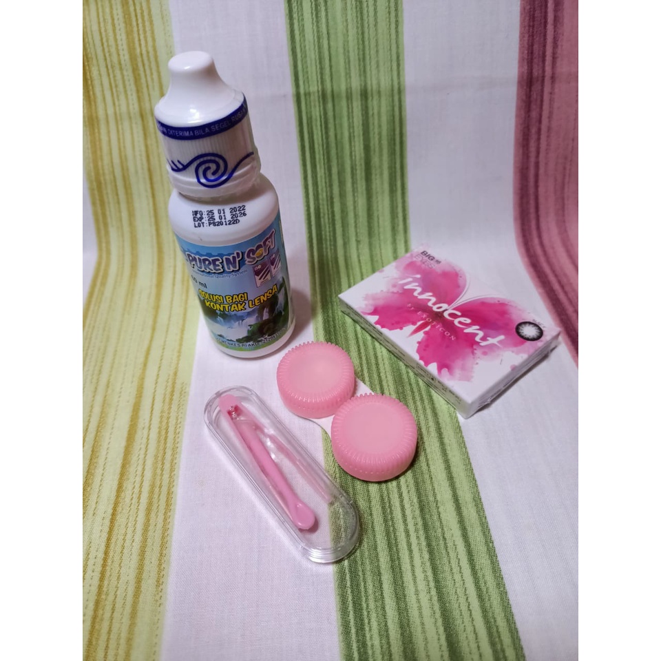 COD Paket Softlens X2 Innocent Dia 16 + Air Softlens Pure n Soft 60ml + Pinset + Lenscase