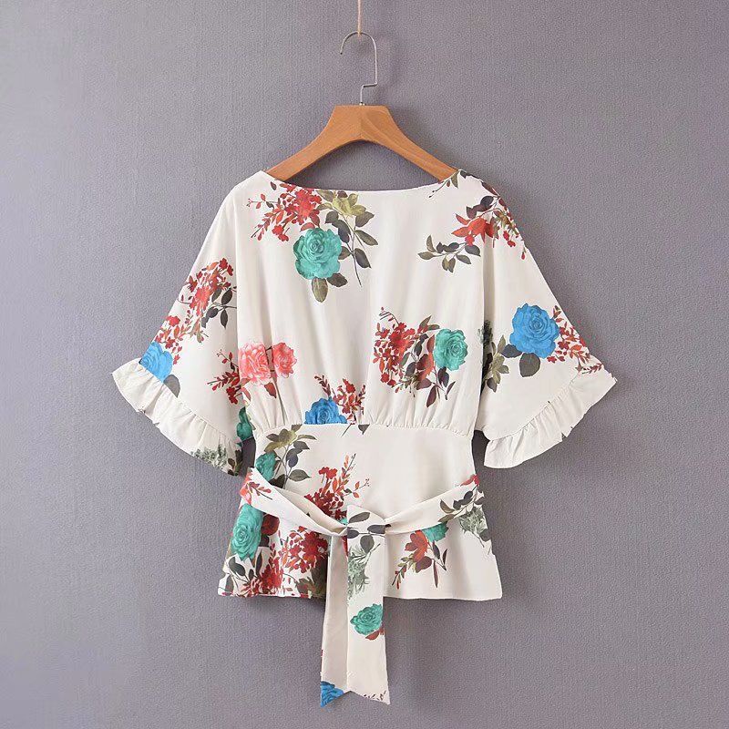 27605 Floral Back V Neck Belted Blouse