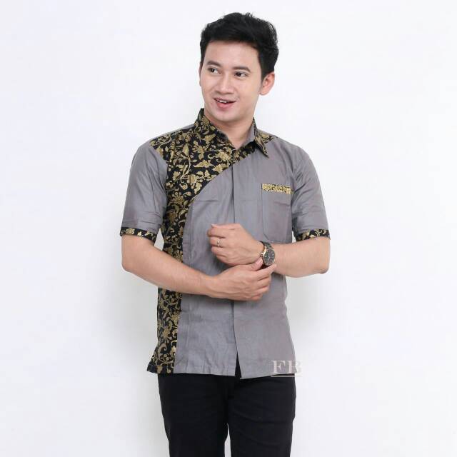 Baju Hem Batik Kombinasi Prada Atasan Pria Seragaman Bakung Red, Grey, Black marriage uniform