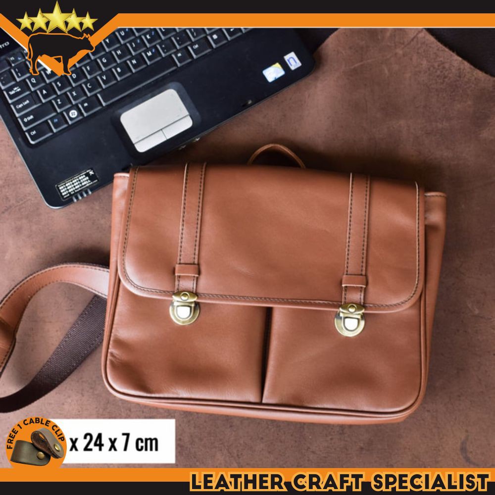 TAS PRIA KULIT ASLI BRANDED TAS LAPTOP GENUINE LEATHER PROMO FREE CABLE CLIP