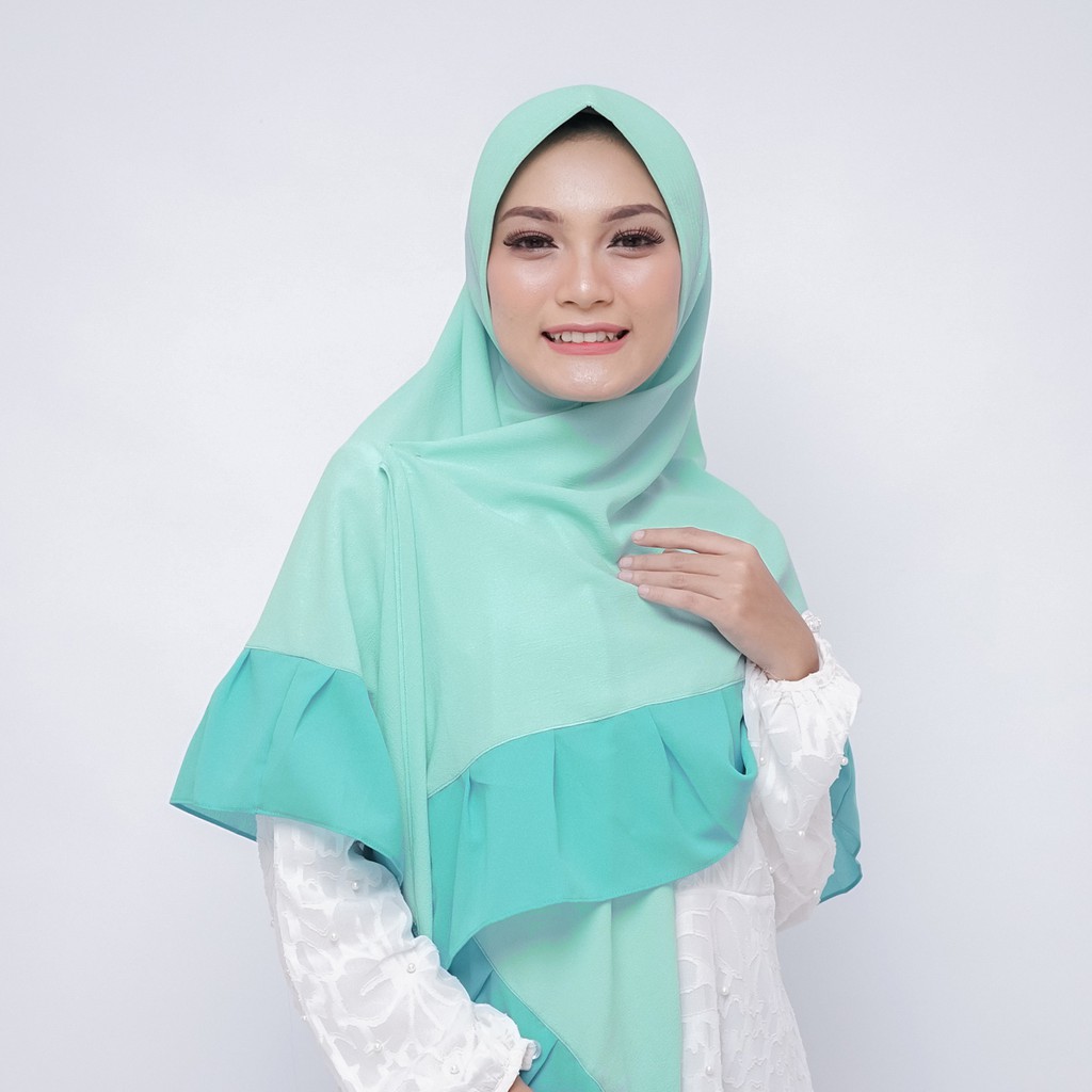 Jilbab Segitiga Instan Khimar Kombinasi Warna Hijau Mint - Hijau Torquise Pad / Non Pad