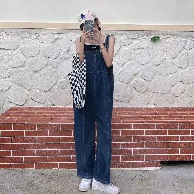 Overall Denim Musim Panas Tipis Celana Kodok Pinggang Tinggi Lebar Kaki Celana Celana Musim Semi Bar