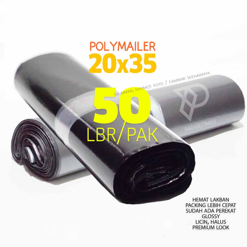 Polymailer plastik packing 20x35 PAHE 50 lbr HITAM atau SILVER murah glossy premium look ready stock