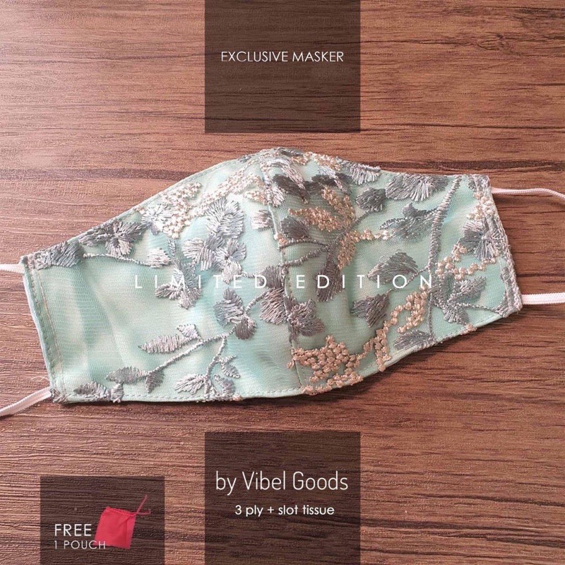 Masker Kain Brokat Premium Pesta 3ply | Satin Tosca Brokat Bunga Hijau