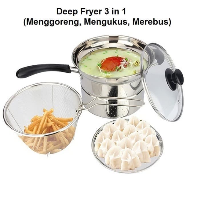 Panci Deep Fryer 3 in 1 Stainless Steel 22 cm - Panci Goreng/ Kukus/ Rebus handle samping