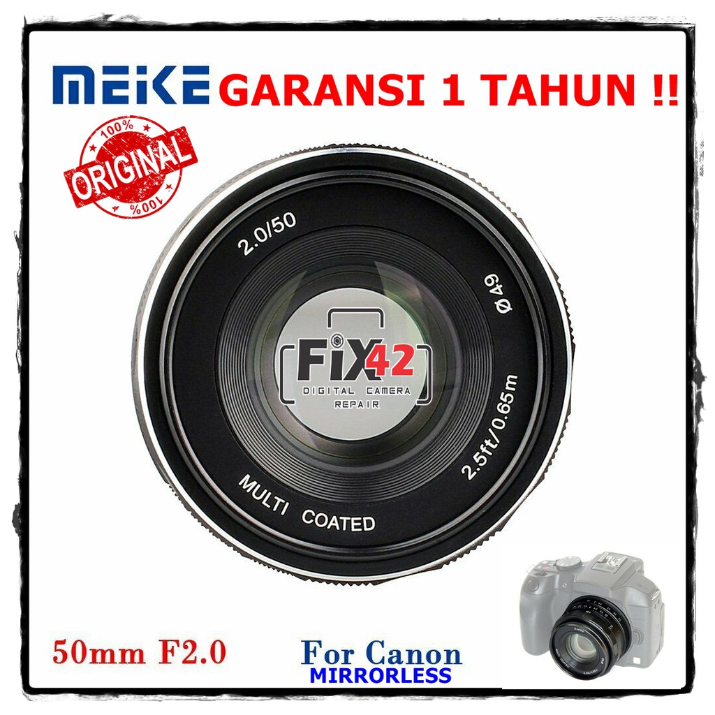 Lensa Meike 50mm F2.0 Manual Fix Focus For Canon Mirrorless EOS M EF-M M2 M3 M5 M10 M50 M100.