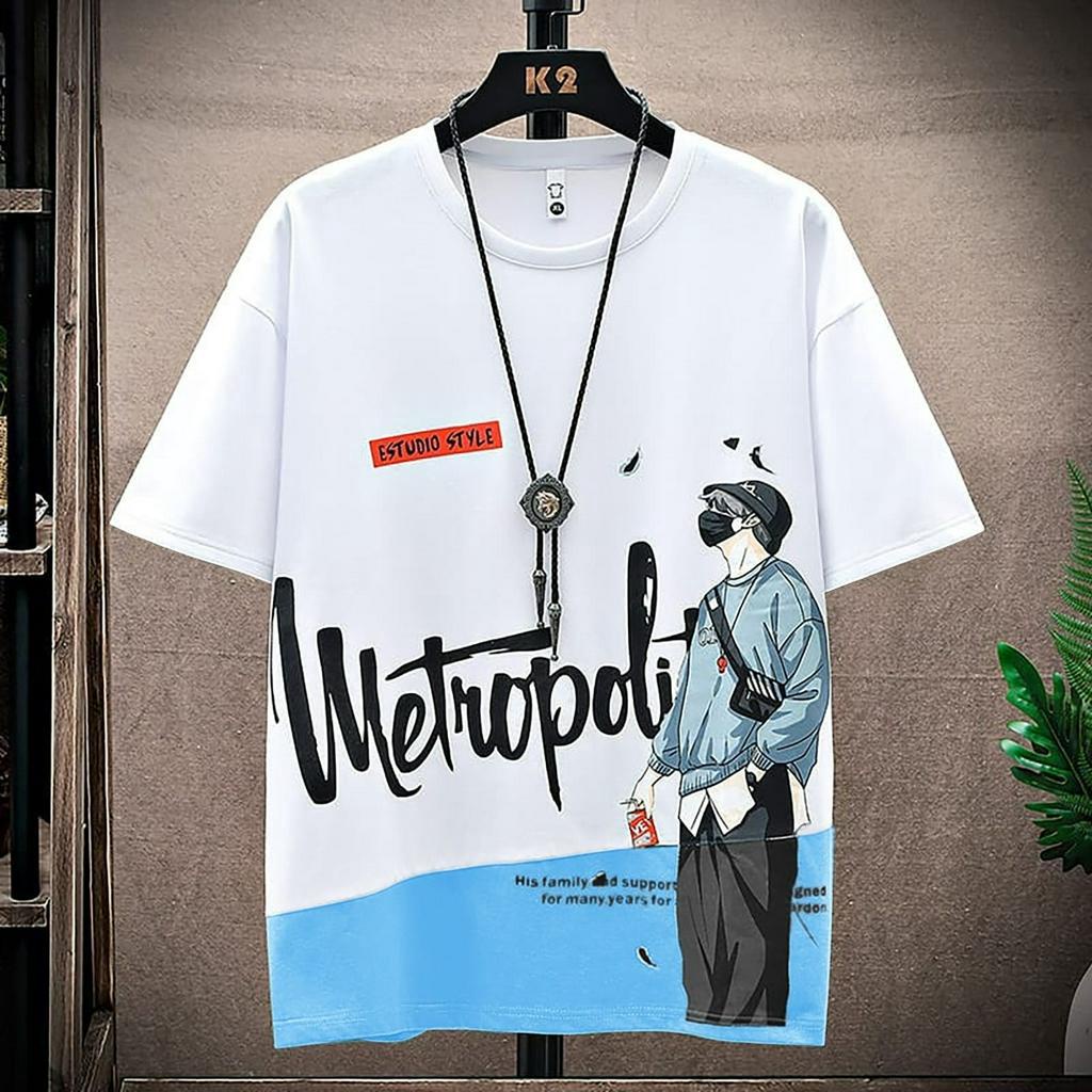 KIYOWO-Baju Atasan Kaos Kasual Lengan Pendek Pria Metropolis