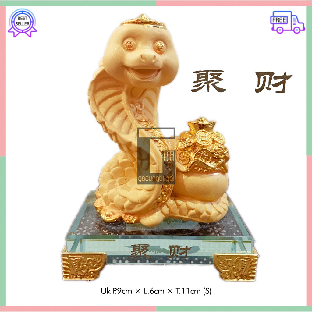 Pajangan Hiasan Kado Patung Imlek Hoki Rejeki Zodiak Shio Ular Cobra Lucky Fengshui Emas Gold Resin