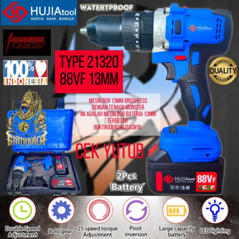 Mesin bor baterai cordless impact drill hujia pro 21321 88vf 13mm besi kayu beton sekrup tenaga mons