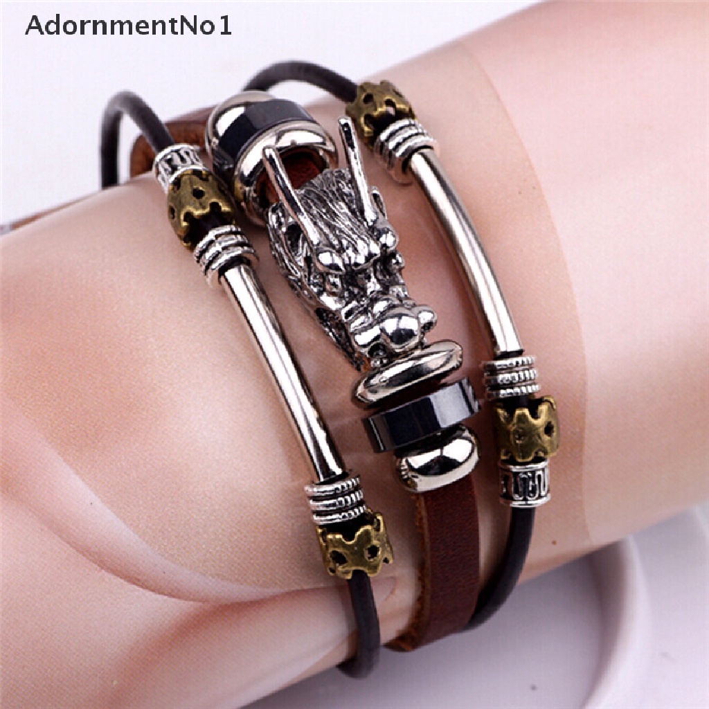 (AdornmentNo1) Gelang Tangan Kulit Banyak Lapis Motif Naga Parataxis Warna Silver Tibet Untuk Pria