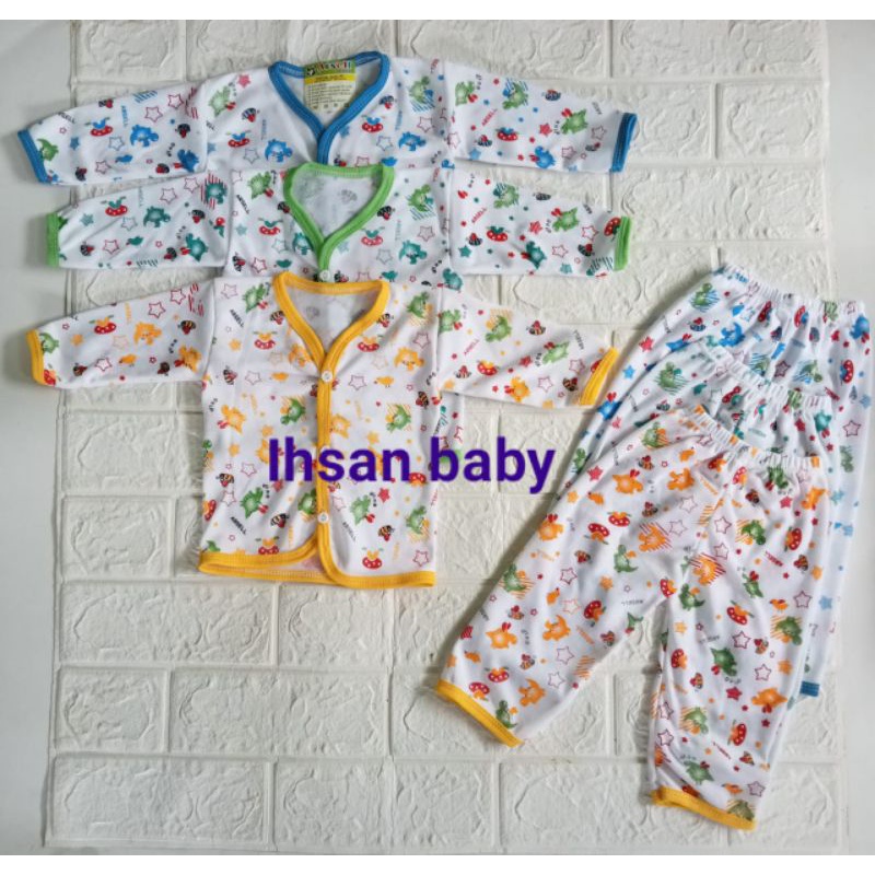 paket hemat baju/celana bayi putih motif arsell+topi set sartaki