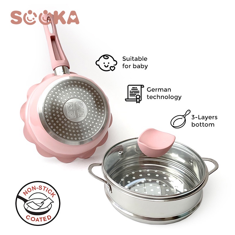 [Free Spons] SOOKA Panci Set Bayi Isi 5 Pcs Sakura Flower Pan Cookware Set Kukus Steamer Peralatan Dapur Mpasi Anak Baby Pan Health  SK-ECC1092