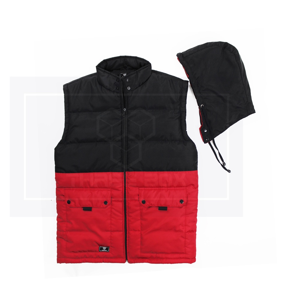 Jaket Vest Rompi Hoodie Anti Angin Pria Wanita Casual Outdoor Three Box Black Kombinasi Red Size M L XL Big Jumbo 2XL 3XL PREMIUM