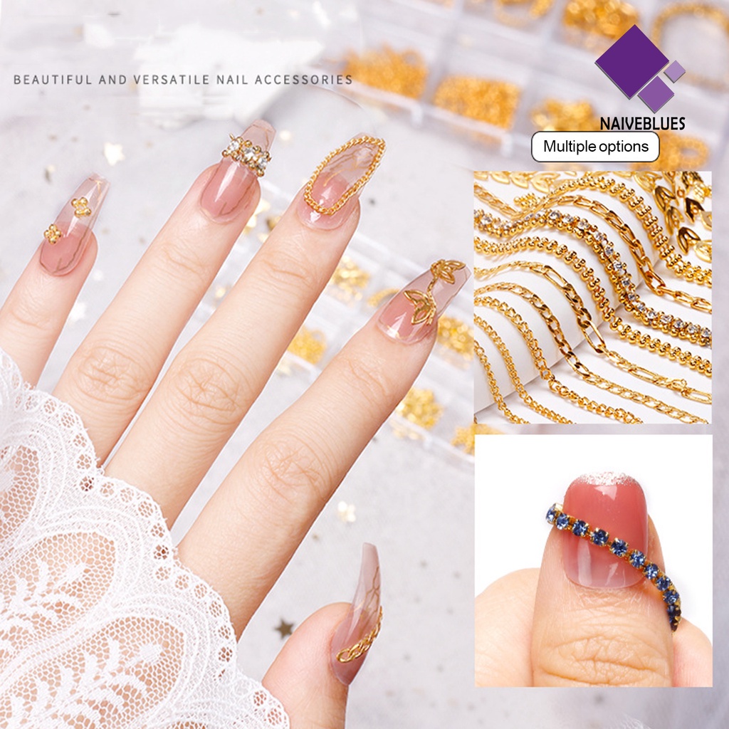 Naiveblue &gt; 12 Sekat / Kotak Rantai Glitter 3D Bahan Alloy Untuk Dekorasi Nail Art / Manicure DIY